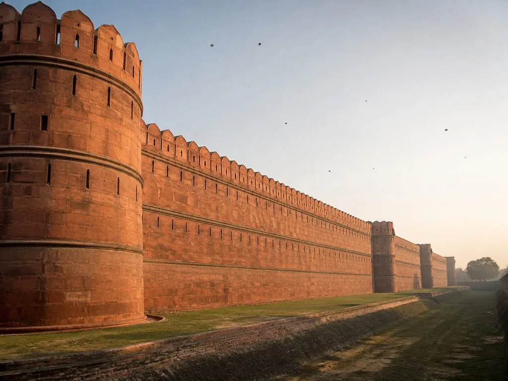 The red sandstone walls of the Red Fort in Old Delhi